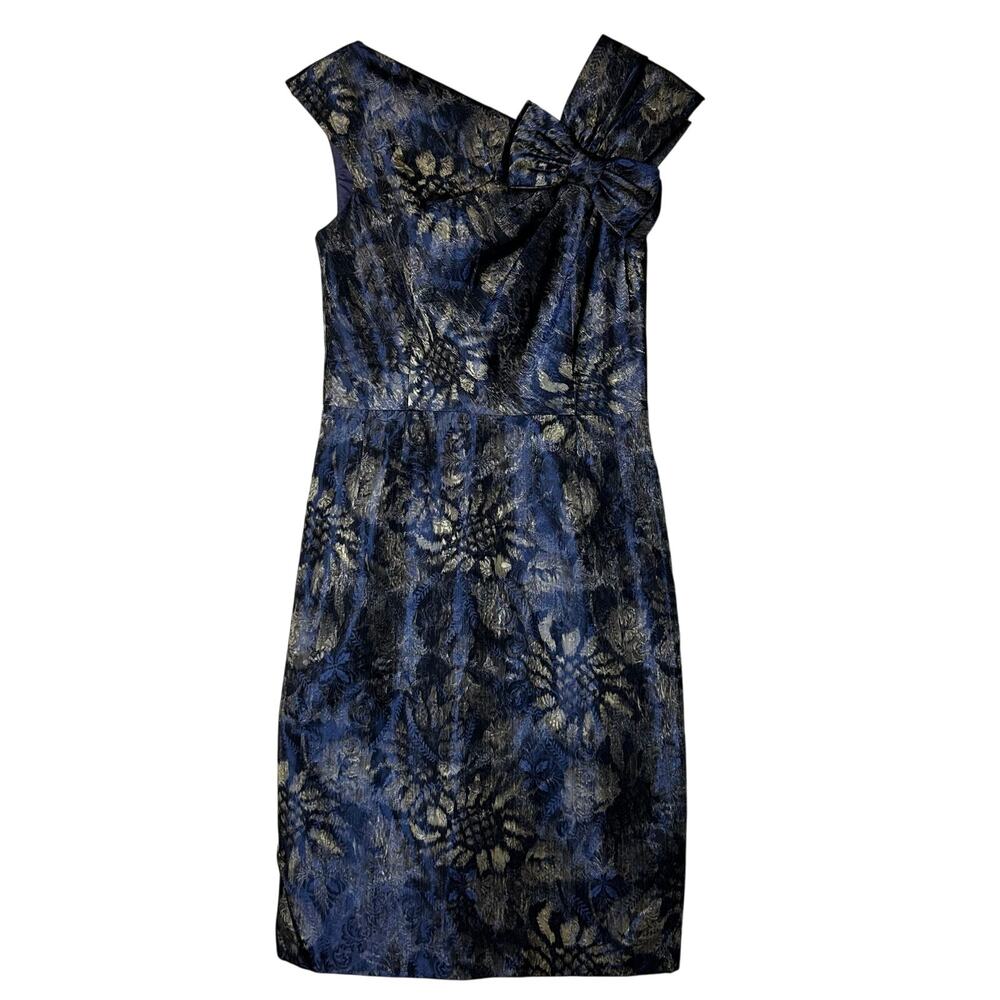 Teri Jon Rickie Freeman Dress Size 2 Navy Blue Gold Metallic Floral‎ Jacquard